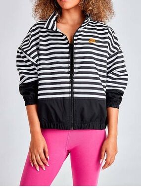 Nike Women's Black & White Striped Bomber Jacket with Gold Logo